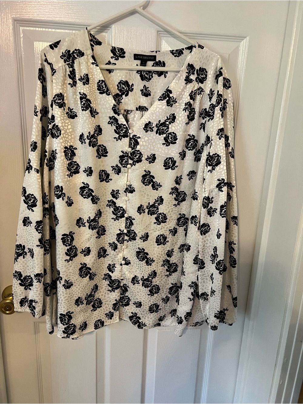 Lane Bryant Black Floral Button-Down Blouse on White